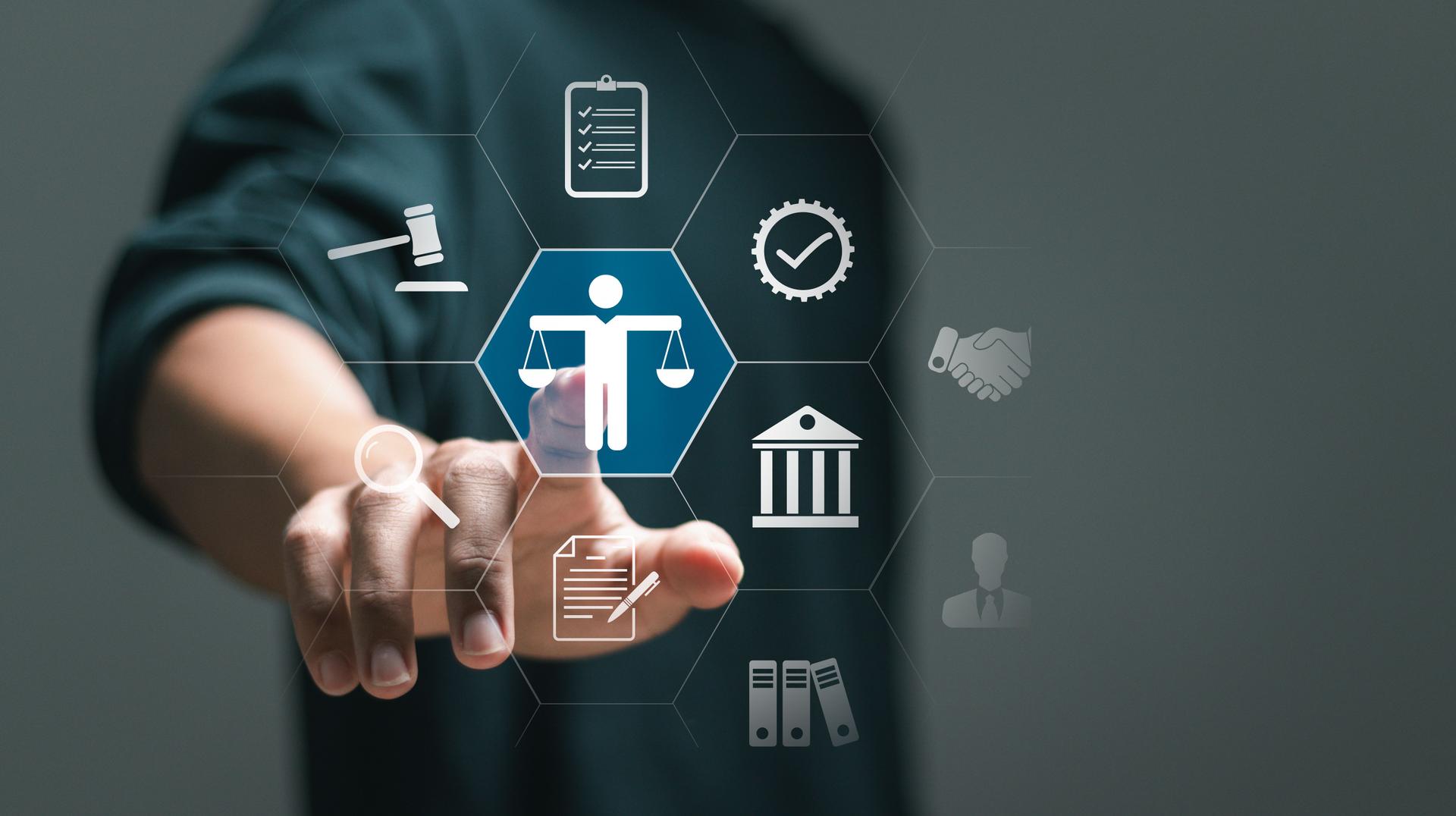 Legal advice business concept. Businessman touching virtual law icon for business legal advice, Labor law, Lawyer, Attorney at law.